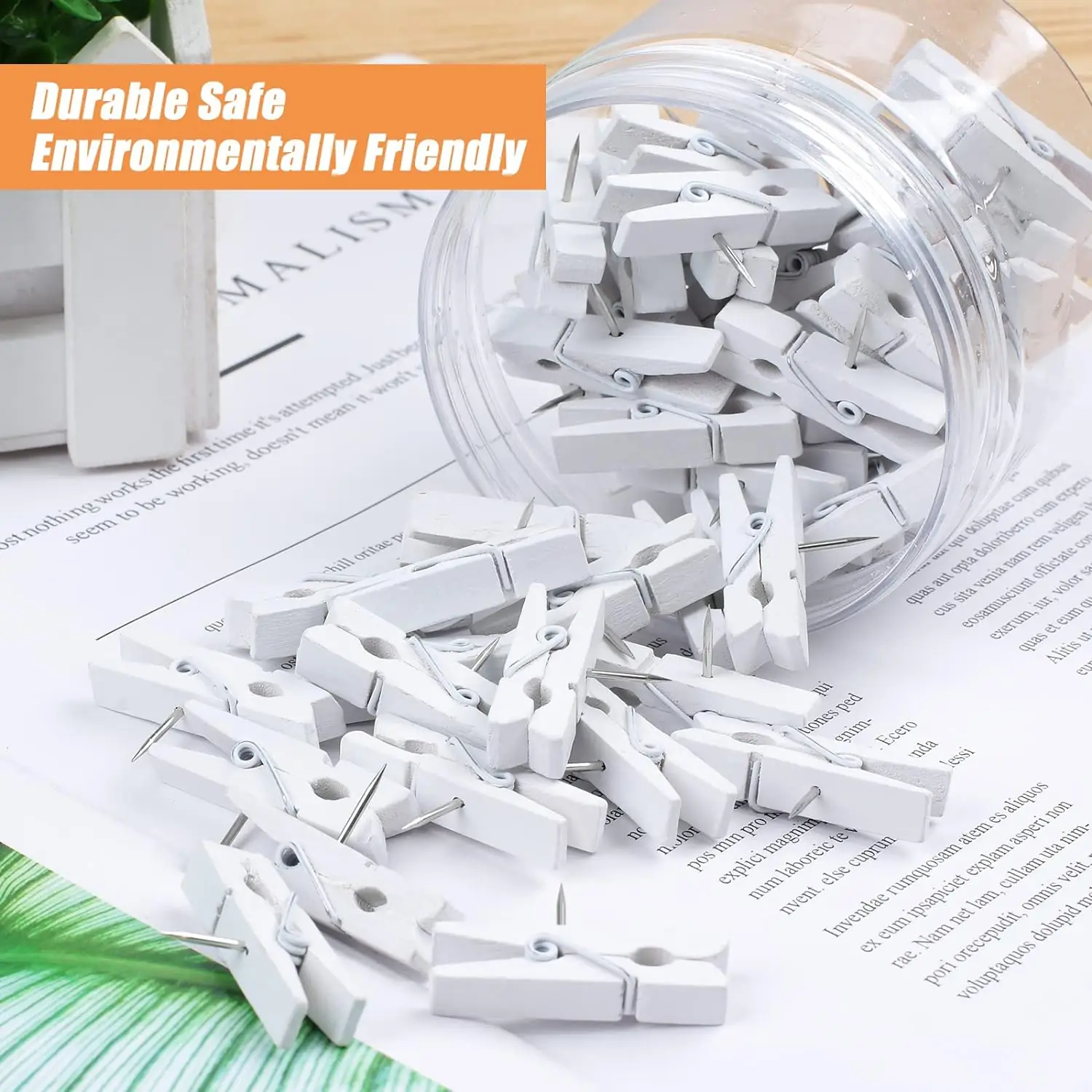 50 Pcs Push Pin with Wooden Clips, Durable Wooden Push Pins, Decorative Pushpins Tacks Thumbtacks, Tacks for Cork Board Artworks Notes Photos, Craft Projects, Offices and Homes (White) - Image 4