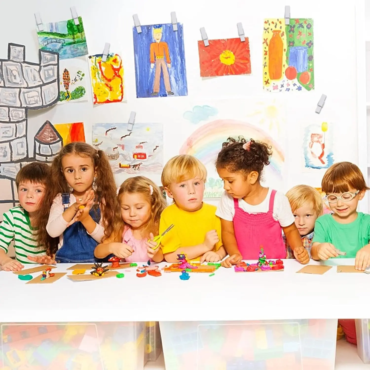 50 Pcs Push Pin with Wooden Clips, Durable Wooden Push Pins, Decorative Pushpins Tacks Thumbtacks, Tacks for Cork Board Artworks Notes Photos, Craft Projects, Offices and Homes (White) - Image 2