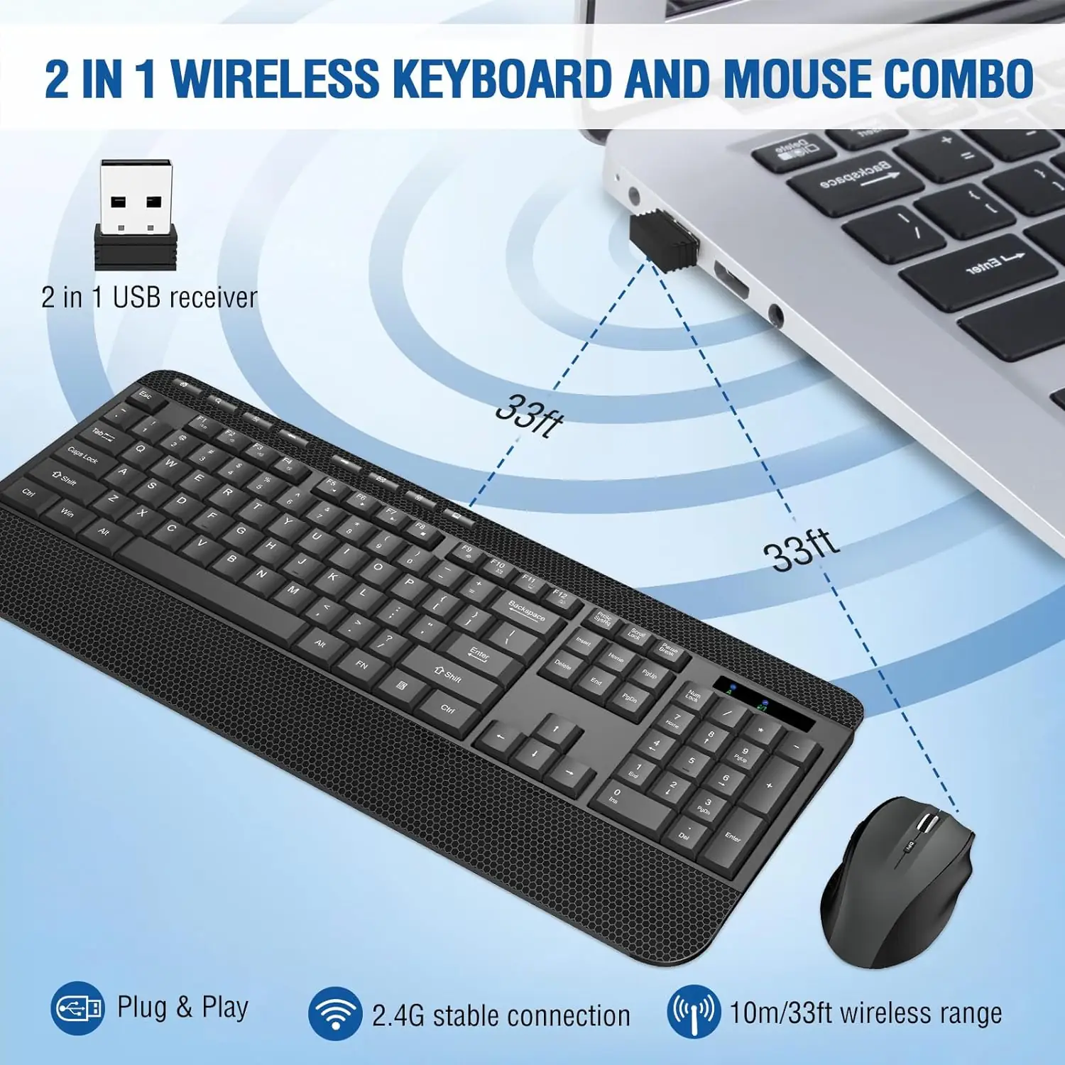 Wireless Keyboard and Mouse Combo, EDJO 2.4G Full-Sized Ergonomic Keyboard with Palm Rest and 5 DPI Adjustable Mouse, Silent Lag-Free Keyboard Mouse Set for Windows/Mac/Computer/Laptop/Desktop (Black) - Image 5