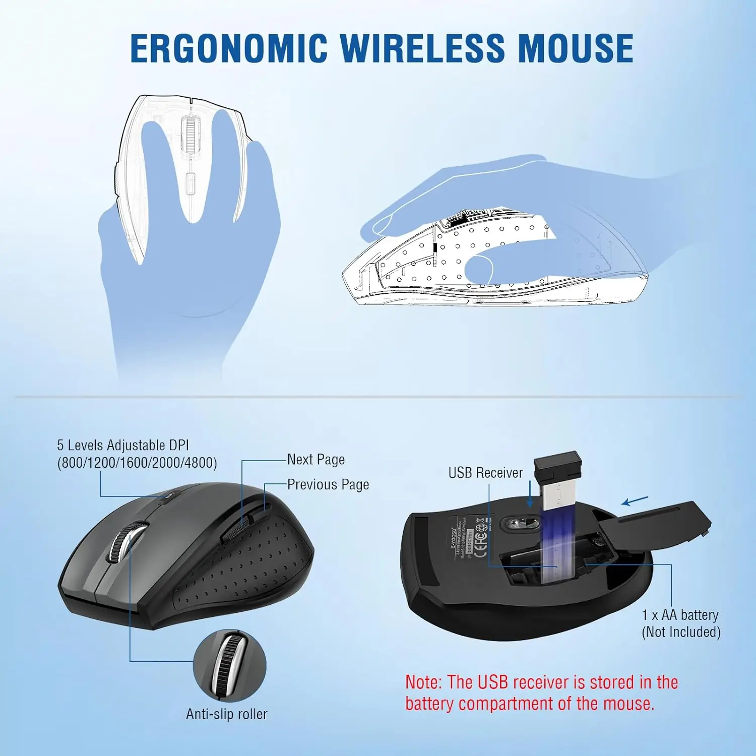 Wireless Keyboard and Mouse Combo, EDJO 2.4G Full-Sized Ergonomic Keyboard with Palm Rest and 5 DPI Adjustable Mouse, Silent Lag-Free Keyboard Mouse Set for Windows/Mac/Computer/Laptop/Desktop (Black) - Image 6