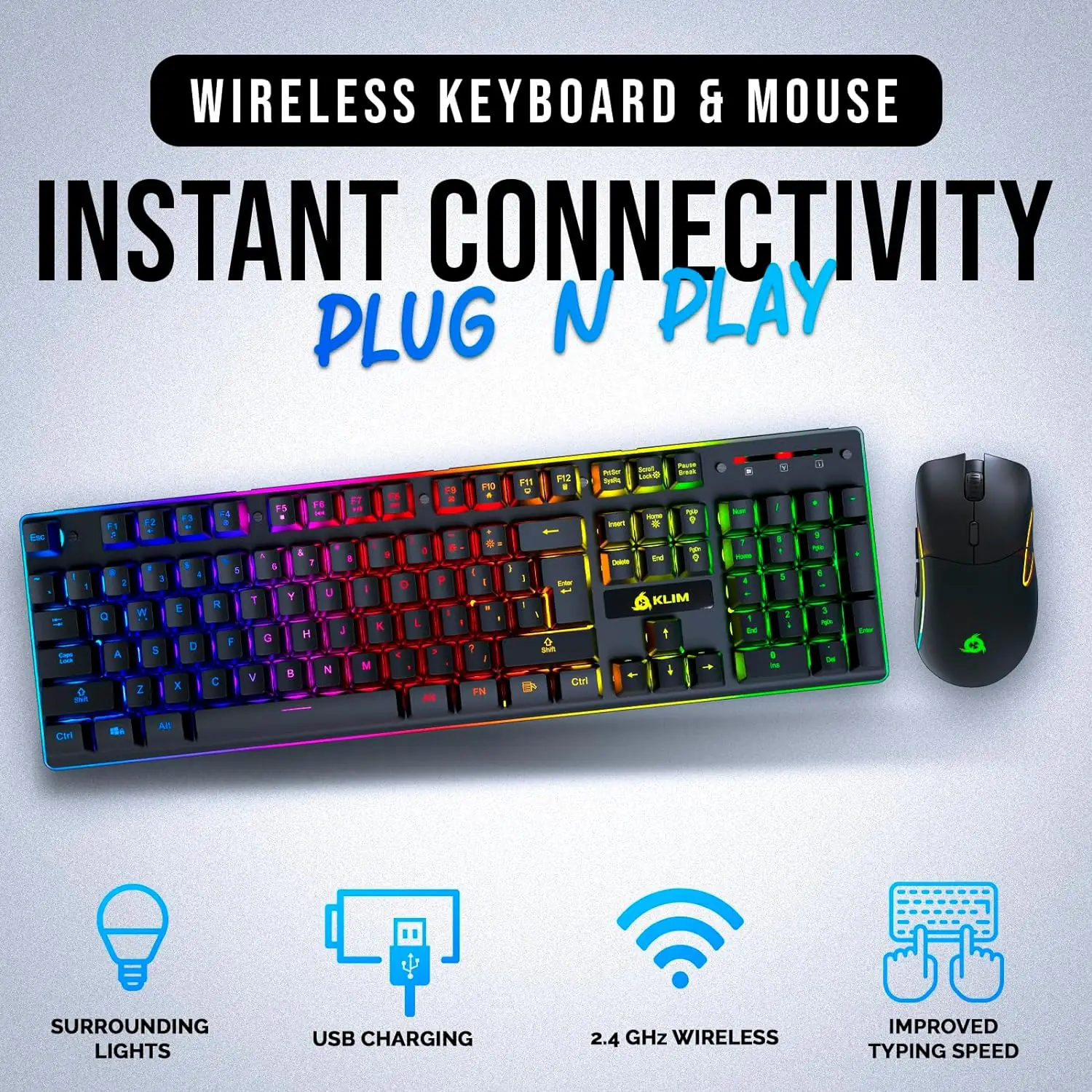 KLIM Thunder Wireless Gaming Keyboard and Mouse Combo - New 2023 - Wireless Backlit Keyboard with Long-Lasting Built-in Battery + 4800 DPI RGB Wireless Gaming Mouse for PC - Image 7
