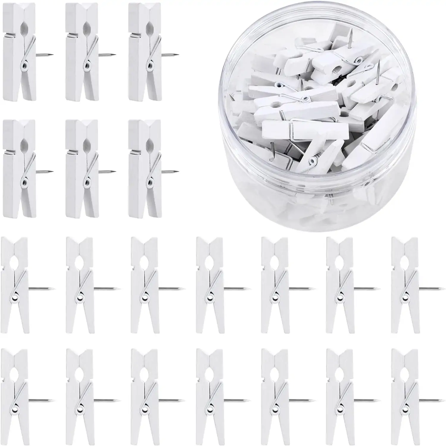 50 Pcs Push Pin with Wooden Clips, Durable Wooden Push Pins, Decorative Pushpins Tacks Thumbtacks, Tacks for Cork Board Artworks Notes Photos, Craft Projects, Offices and Homes (White)