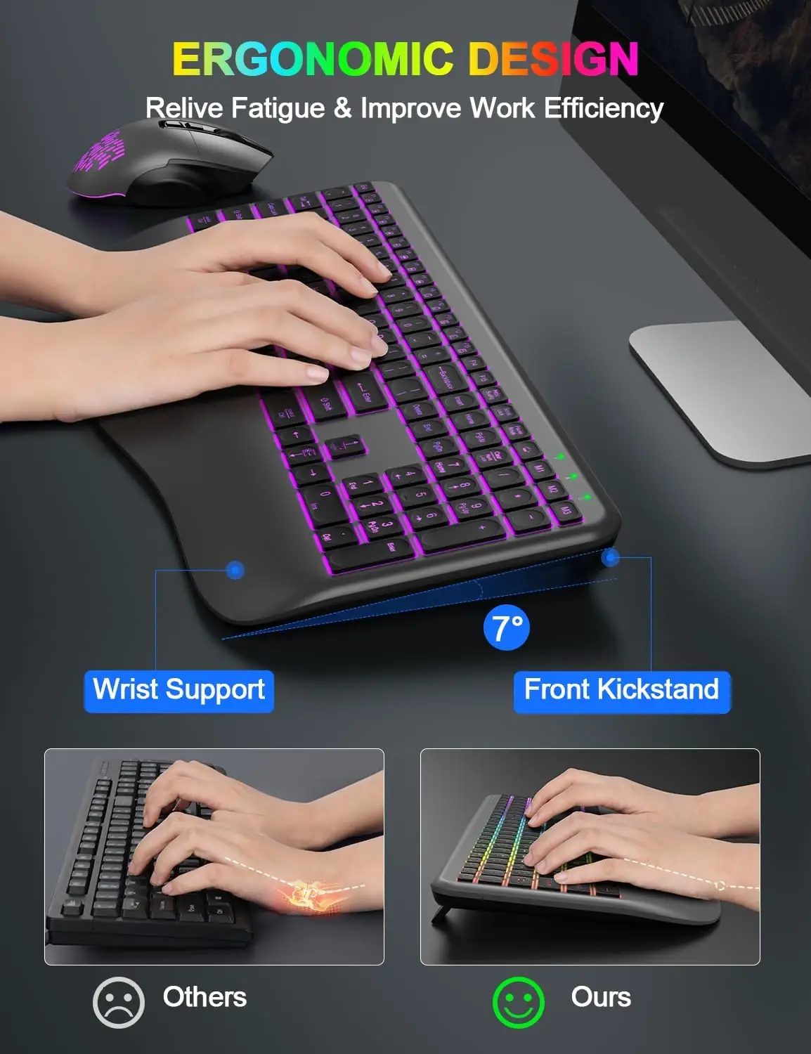 Wireless Keyboard and Mouse Combo, 9 Backlit Effects, Wrist Rest, Silent Light Up Keys, Sleep Mode, Rechargeable Ergonomic Cordless Keyboard Mouse Combo for Computer, Laptop, PC, Mac, Windows (Grey) - Image 9