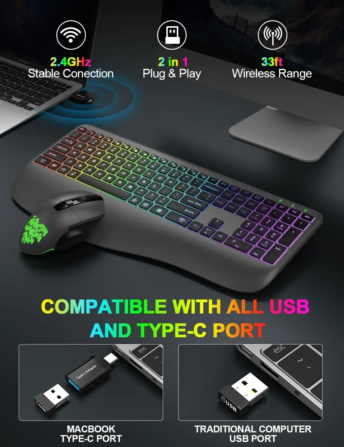 Wireless Keyboard and Mouse Combo, 9 Backlit Effects, Wrist Rest, Silent Light Up Keys, Sleep Mode, Rechargeable Ergonomic Cordless Keyboard Mouse Combo for Computer, Laptop, PC, Mac, Windows (Grey) - Image 6