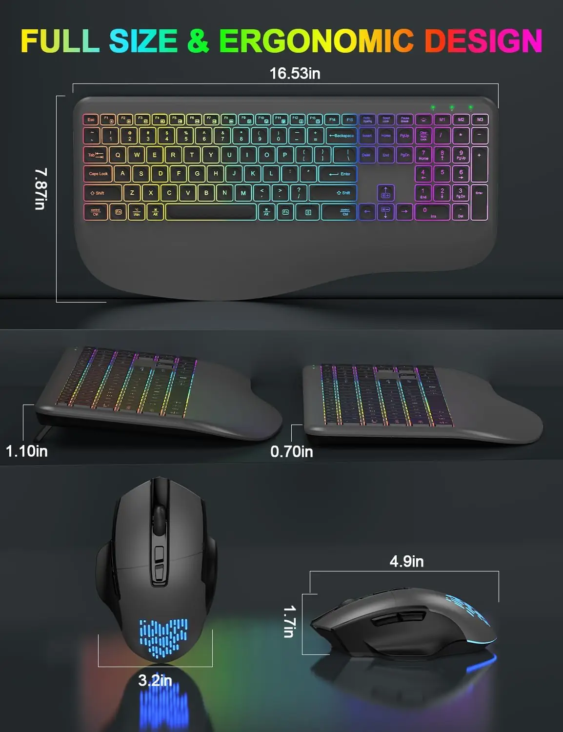 Wireless Keyboard and Mouse Combo, 9 Backlit Effects, Wrist Rest, Silent Light Up Keys, Sleep Mode, Rechargeable Ergonomic Cordless Keyboard Mouse Combo for Computer, Laptop, PC, Mac, Windows (Grey) - Image 5