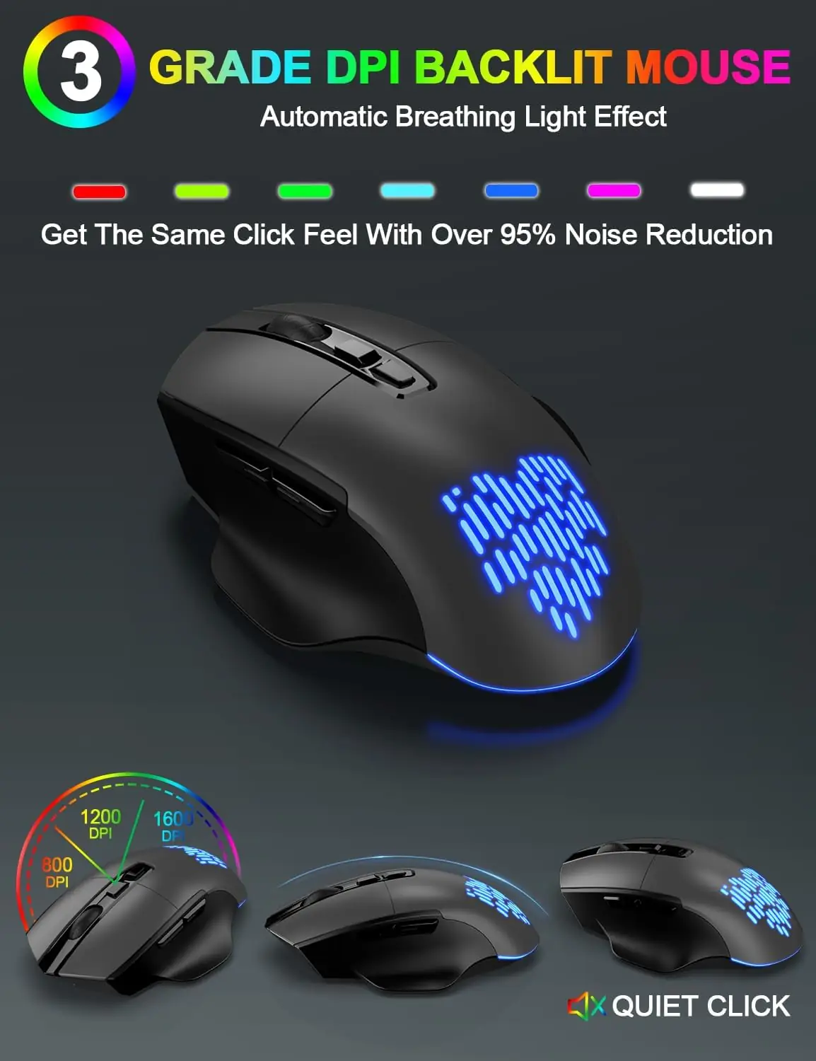 Wireless Keyboard and Mouse Combo, 9 Backlit Effects, Wrist Rest, Silent Light Up Keys, Sleep Mode, Rechargeable Ergonomic Cordless Keyboard Mouse Combo for Computer, Laptop, PC, Mac, Windows (Grey) - Image 3