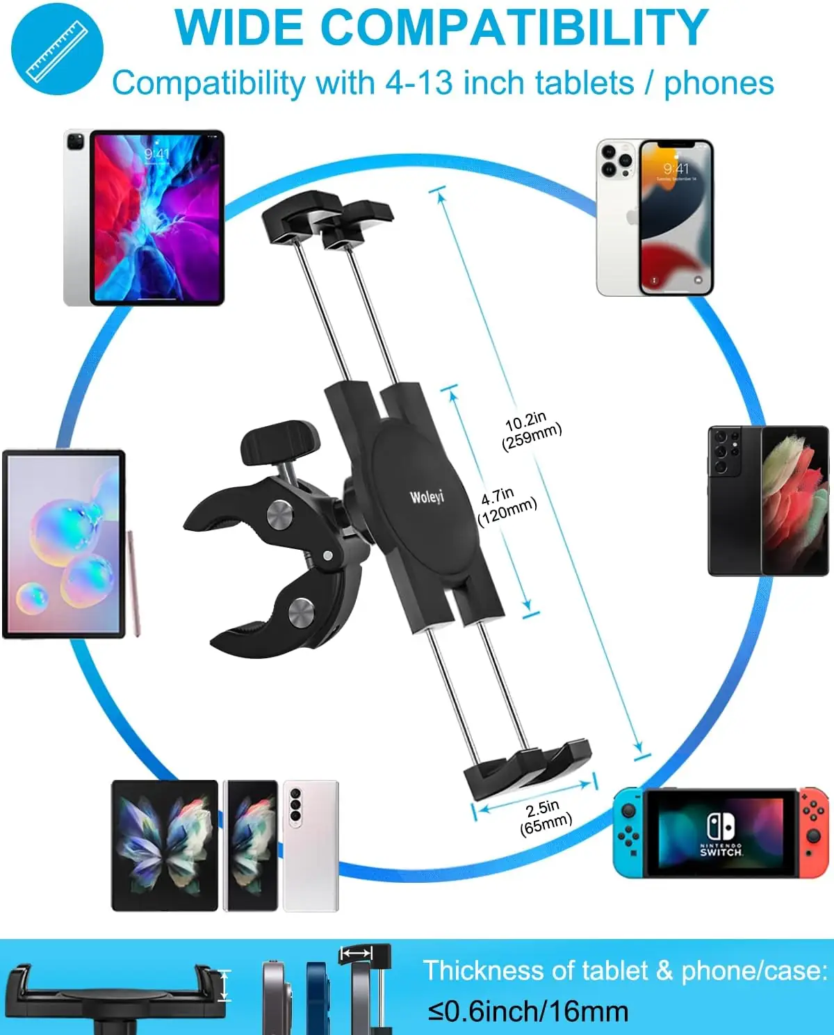 woleyi Tablet Mic Stand Holder, Microphone Music Stands Phone & Tablet Mount with Ultra Stable C-Clamp for iPad Pro 9.7, 11, 12.9 / Air/Mini, Galaxy Tabs, iPhone, More 4-13" Smartphones and Tablets - Image 4